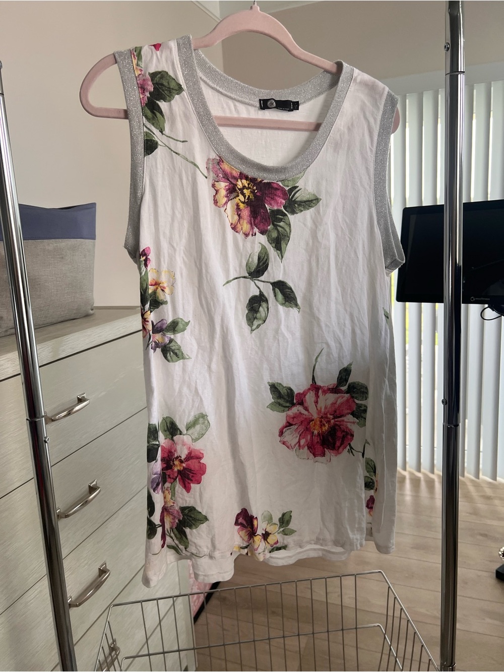 White Floral Tank Top with Silver Trim
